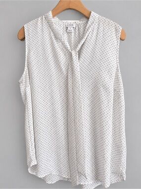 J. Crew White Sleeveless Micro-Polka Dot Tie-Neck Blouse Size M